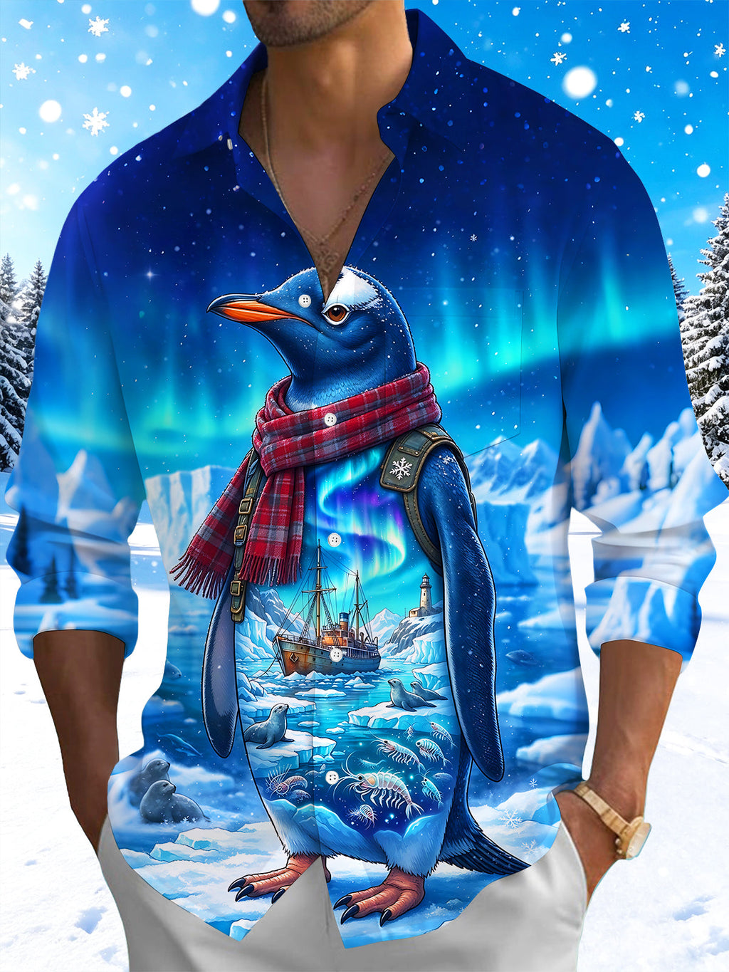 Oceanlyte Men's Penguin With Plaid Scarf And Backpack Print Long Sleeve Shirt with Chest Pocket