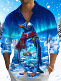 Oceanlyte Men's Penguin With Plaid Scarf And Backpack Print Long Sleeve Shirt with Chest Pocket