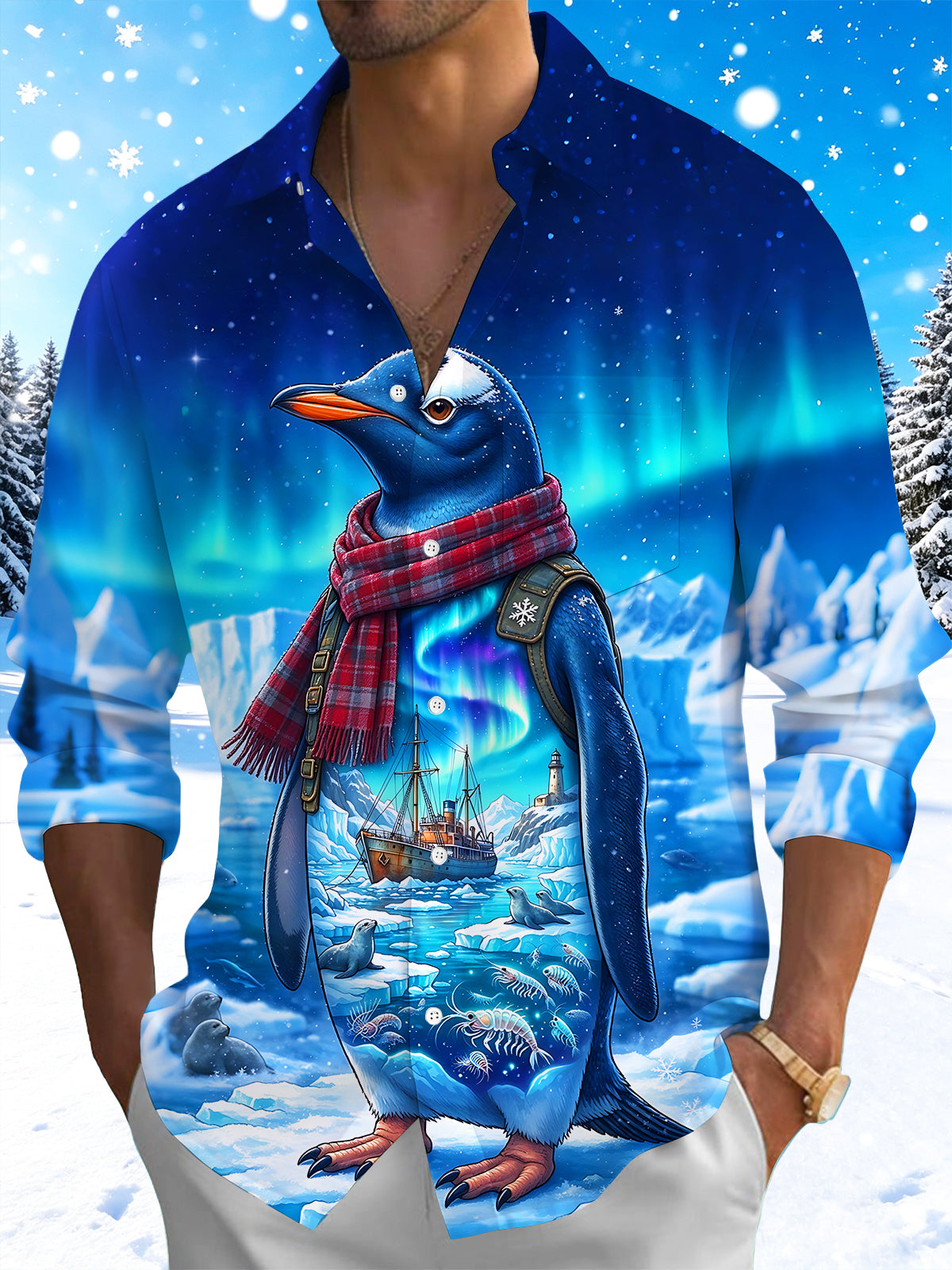 Oceanlyte Men's Penguin With Plaid Scarf And Backpack Print Long Sleeve Shirt with Chest Pocket