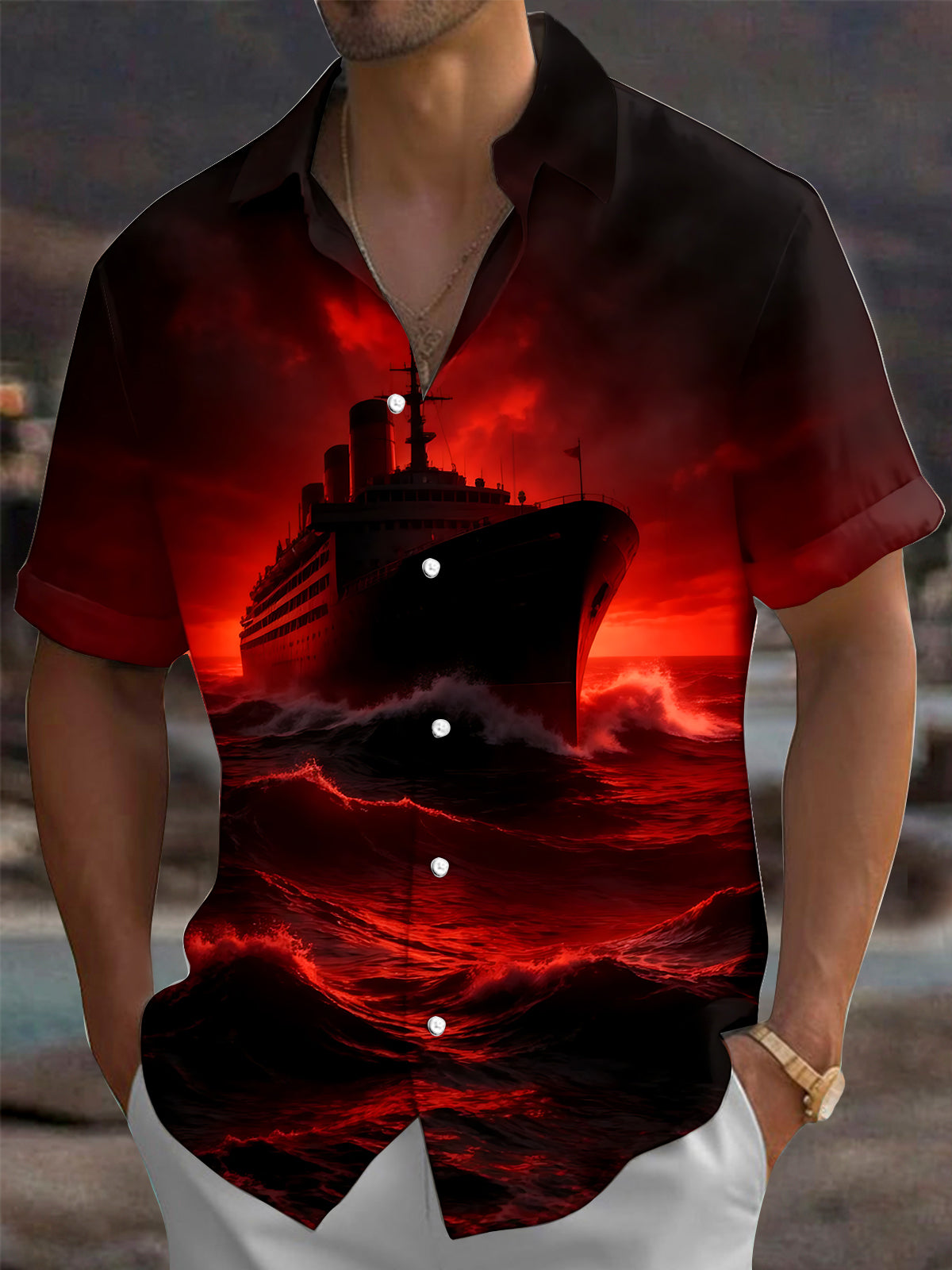 Oceanlyte Men's Printed Cruise Ship On Stormy Ocean Print Short Sleeve Shirt with Chest Pocket
