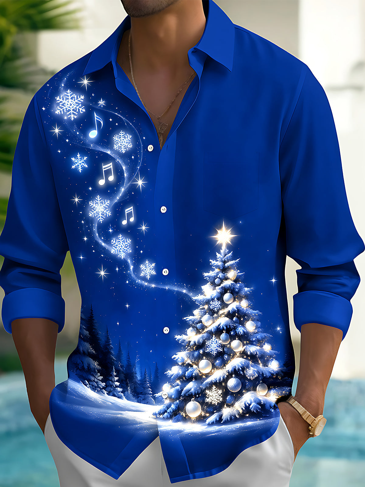 Oceanlyte Men's Printed Christmas Tree And Ornaments Print Long Sleeve Shirt with Chest Pocket