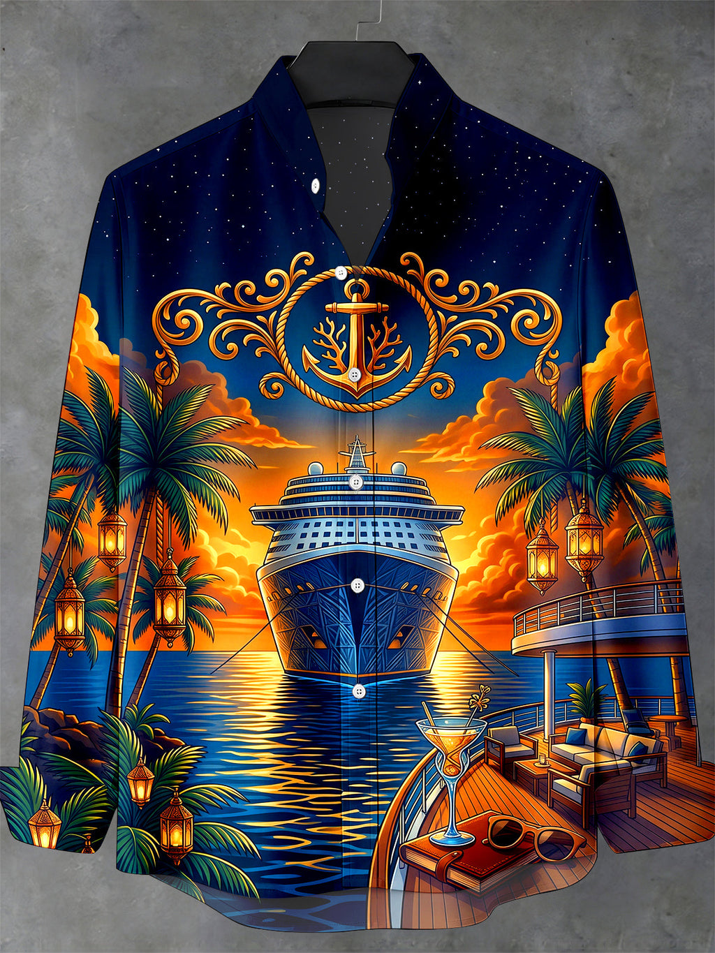 Oceanlyte Men's Cruise Ship And Palm Trees Print Long Sleeve Stand Collar Shirt