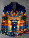 Oceanlyte Men's Cruise Ship And Palm Trees Print Long Sleeve Stand Collar Shirt