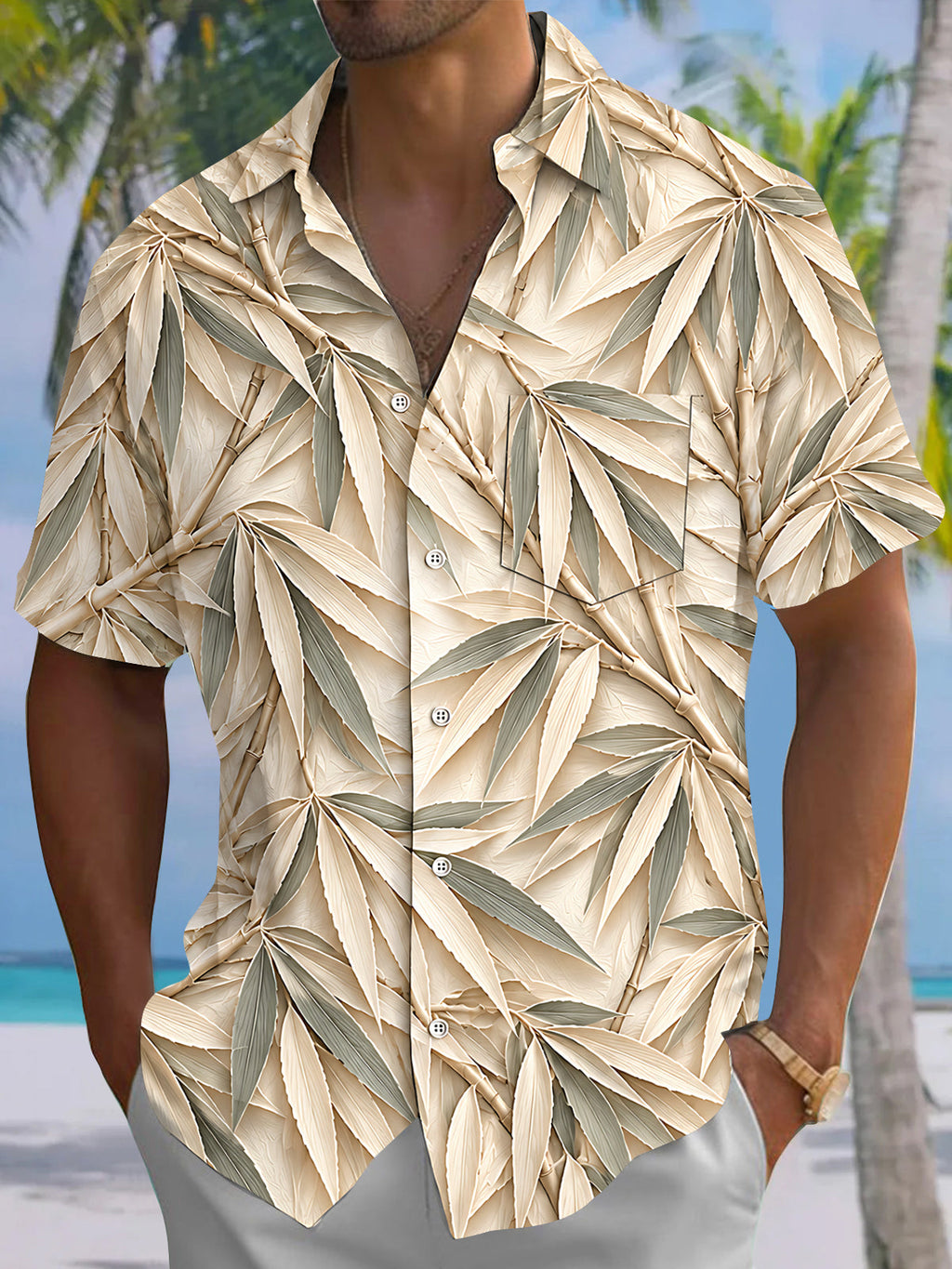 Oceanlyte Men's Hawaiian Bamboo Leaves And Stalks Print Short Sleeve Shirt with Chest Pocket