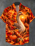 Oceanlyte Men's Short Sleeve Stand Collar Shirt - Thanksgiving Goose And Autumn Harvest Print with Chest Pocket