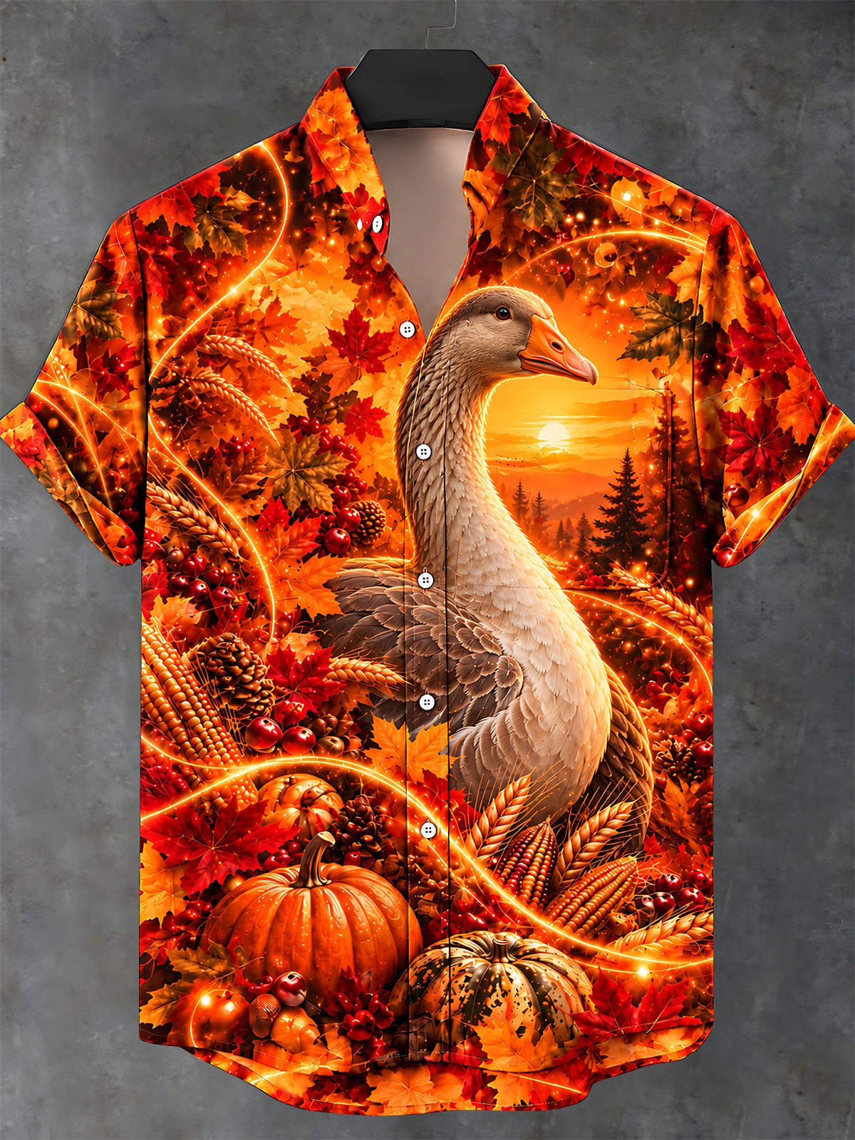 Oceanlyte Men's Short Sleeve Stand Collar Shirt - Thanksgiving Goose And Autumn Harvest Print with Chest Pocket