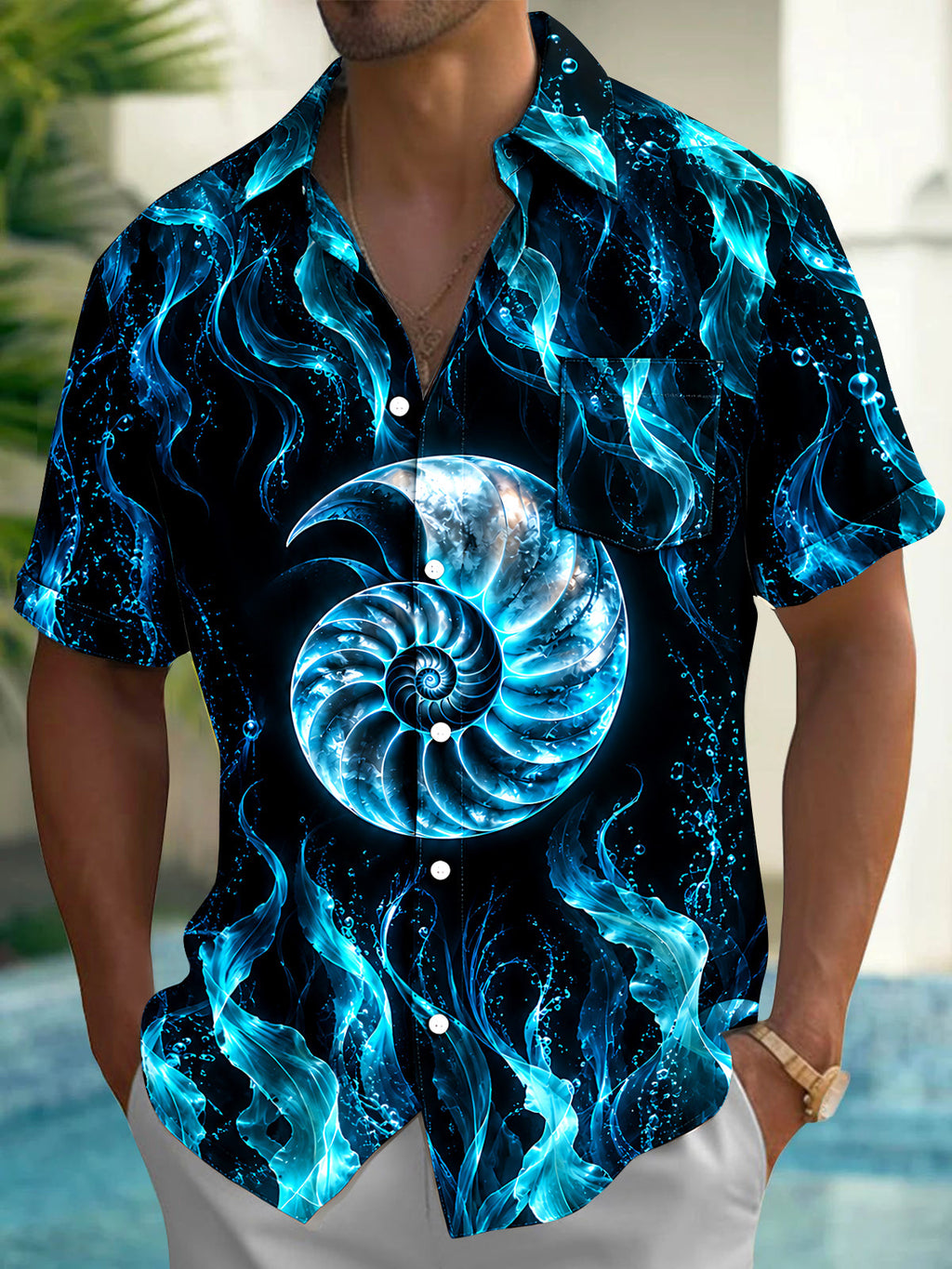 Oceanlyte Men's Hawaiian Nautilus Shell And Seaweed Print Short Sleeve Shirt with Chest Pocket