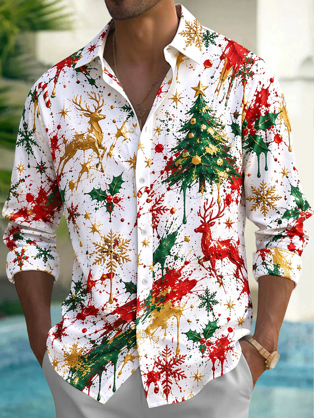 Oceanlyte Men's Printed Christmas Tree And Reindeer Print Long Sleeve Shirt with Chest Pocket