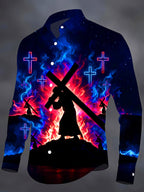 Oceanlyte Men's Long Sleeve Shirt - Silhouette Of Jesus Carrying The Cross With Neon Crosses Print with Chest Pocket