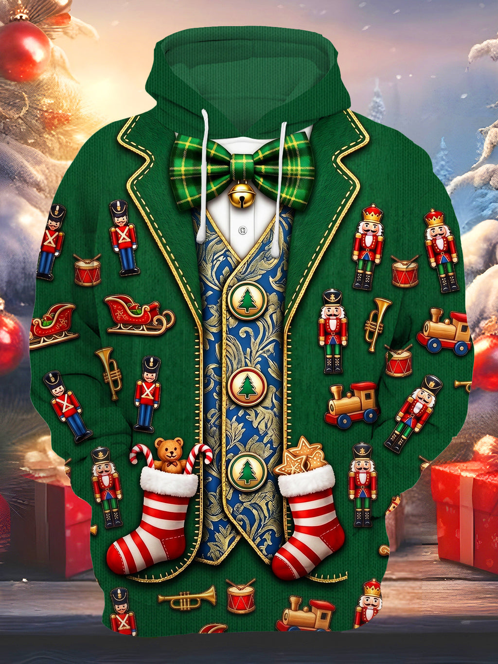 Oceanlyte Men's Graphic Holiday Pattern Winter Festive Print Long Sleeve Hoodie with Chest Pocket