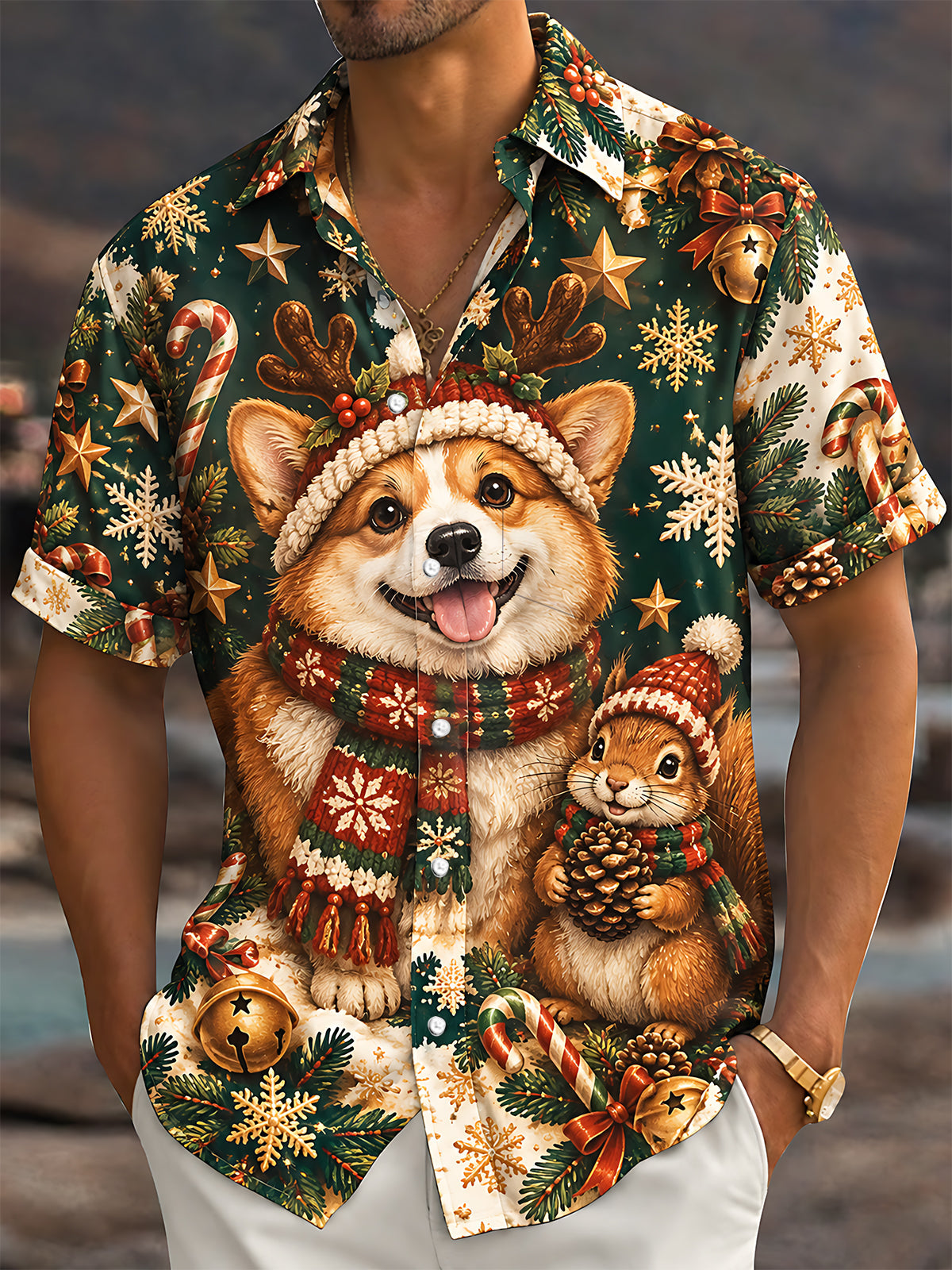 Oceanlyte Men's Hawaiian Christmas Corgi And Squirrel Print Short Sleeve Shirt