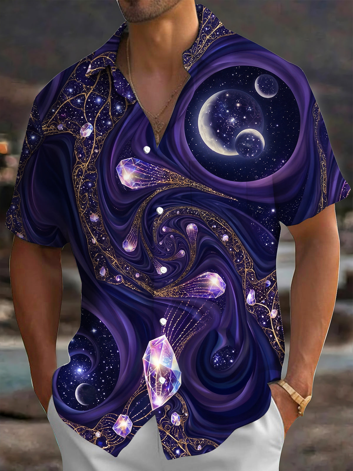 Oceanlyte Men's Hawaiian Crystal Gems And Space Planets Print Short Sleeve Shirt with Chest Pocket