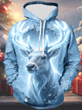 Oceanlyte Men's Long Sleeve Hoodie - Christmas White Reindeer With Glowing Antlers And Snowflakes Print