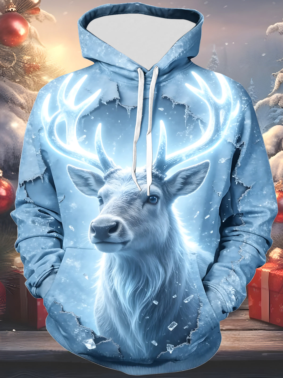 Oceanlyte Men's Long Sleeve Hoodie - Christmas White Reindeer With Glowing Antlers And Snowflakes Print
