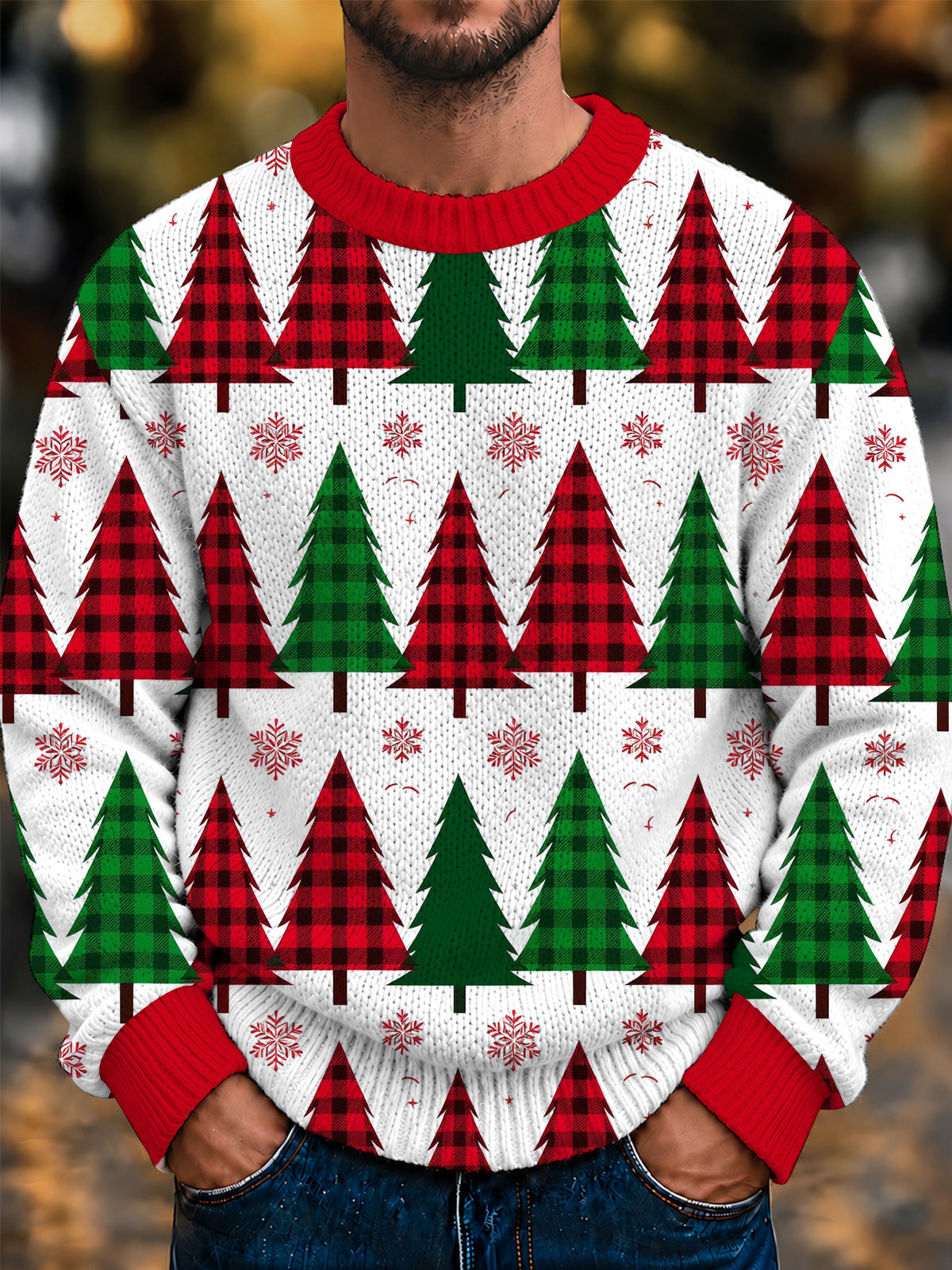 Oceanlyte Men's Long Sleeve Crew Neck Sweater - Christmas Trees And Snowflakes Print