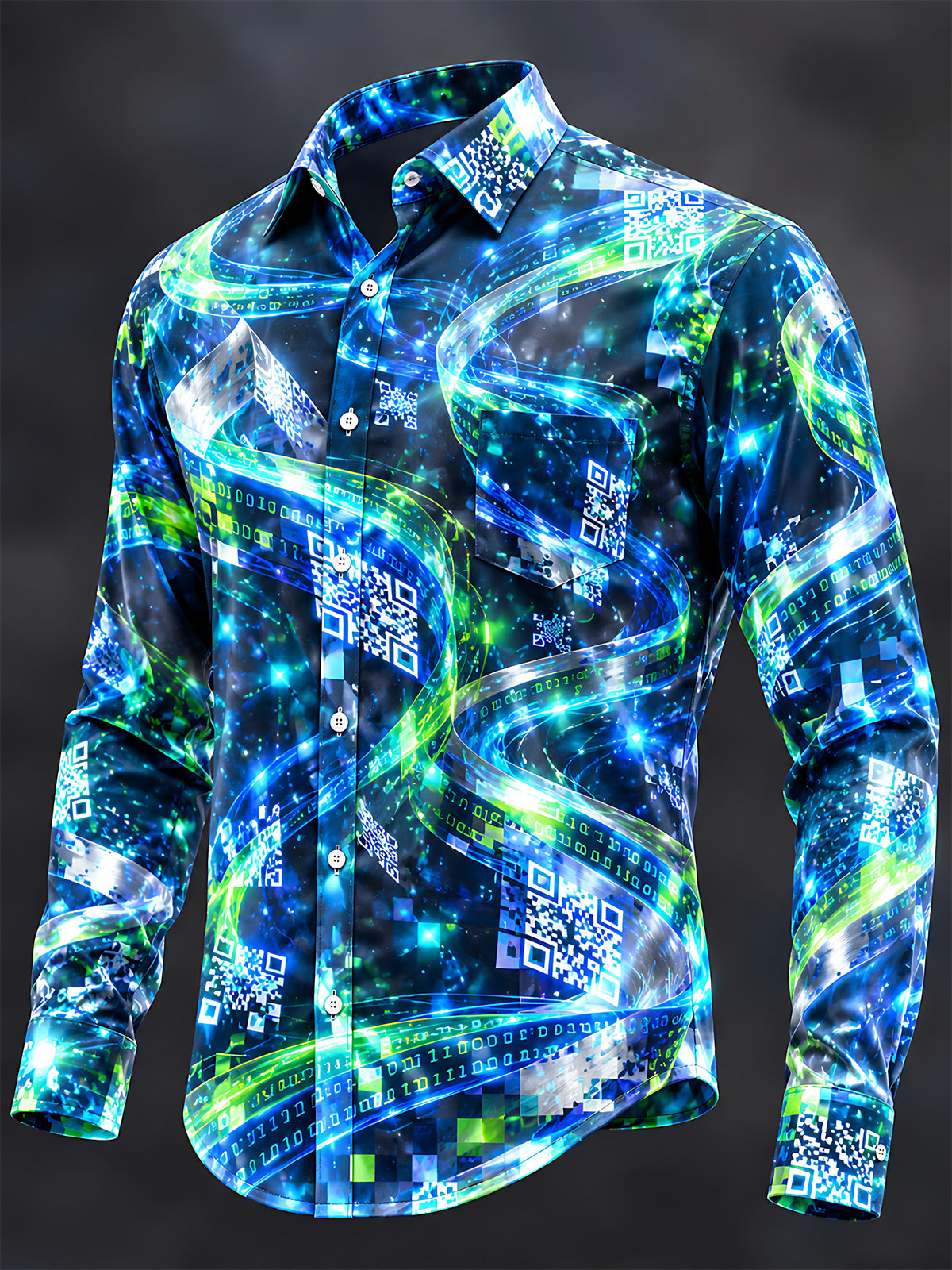 Oceanlyte Men's Abstract Digital Code And QR Codes Print Long Sleeve Shirt with Chest Pocket