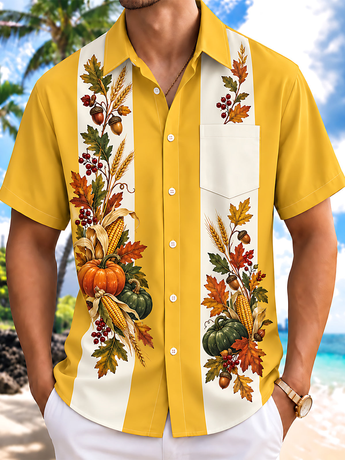 Oceanlyte Men's Thanksgiving Harvest Pumpkins And Corn Print Short Sleeve Shirt with Chest Pocket