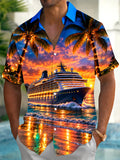 Oceanlyte Men's Cruise Ship And Palm Trees At Sunset Print Short Sleeve Shirt with Chest Pocket