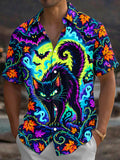 Oceanlyte Men's Hawaiian Halloween Black Cat And Ghosts Print Short Sleeve Shirt with Chest Pocket