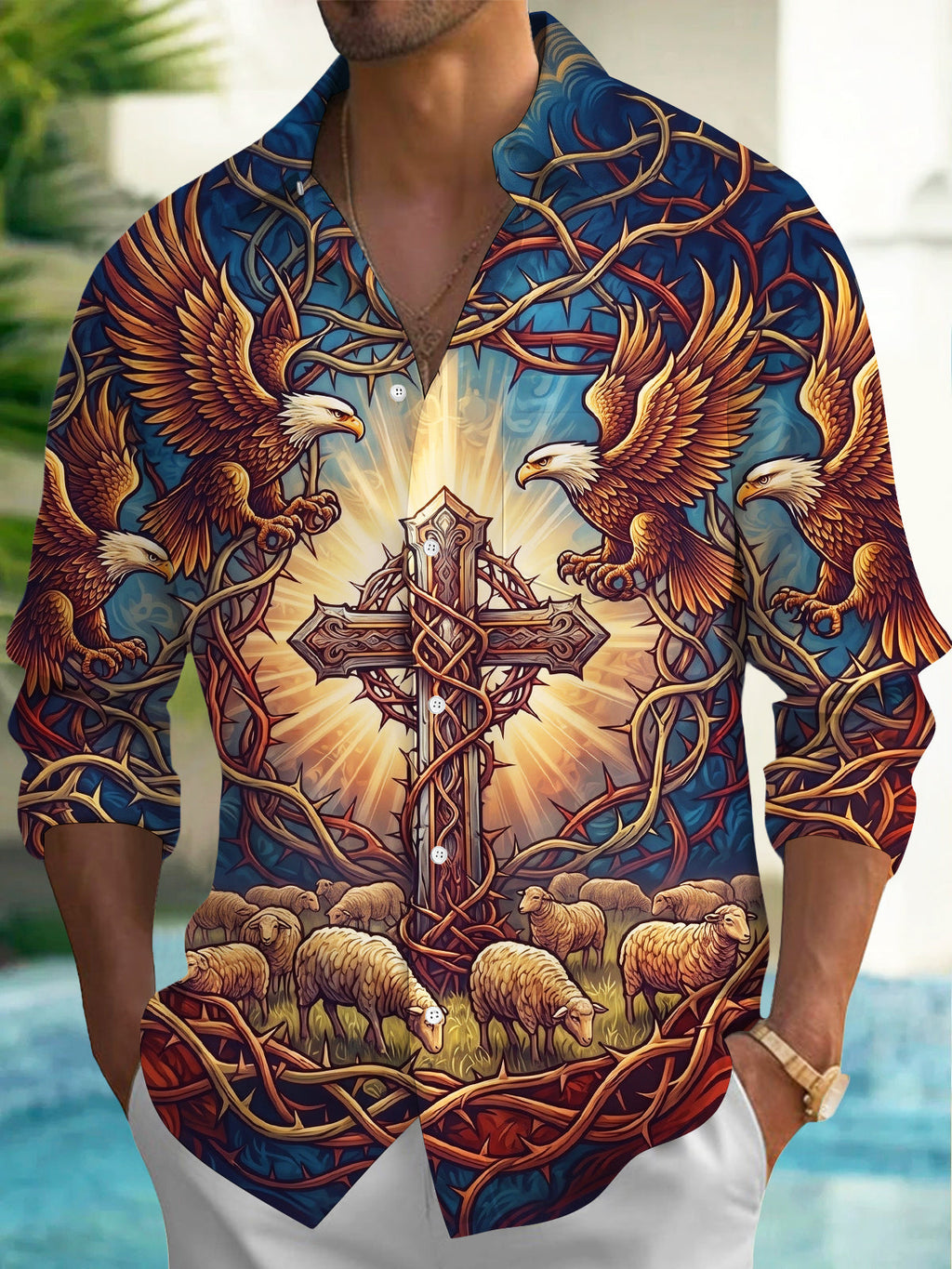 Oceanlyte Men's Bald Eagles And Crown Of Thorns Cross Print Long Sleeve Shirt with Chest Pocket