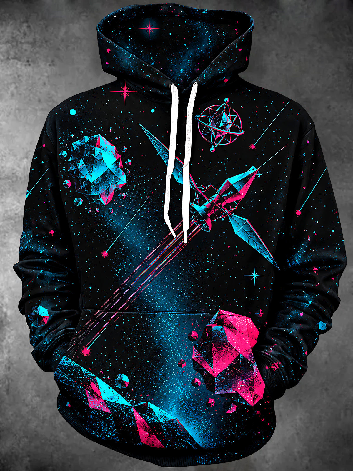 Oceanlyte Men's Long Sleeve Hoodie - Geometric Crystal Sword And Space Elements Print