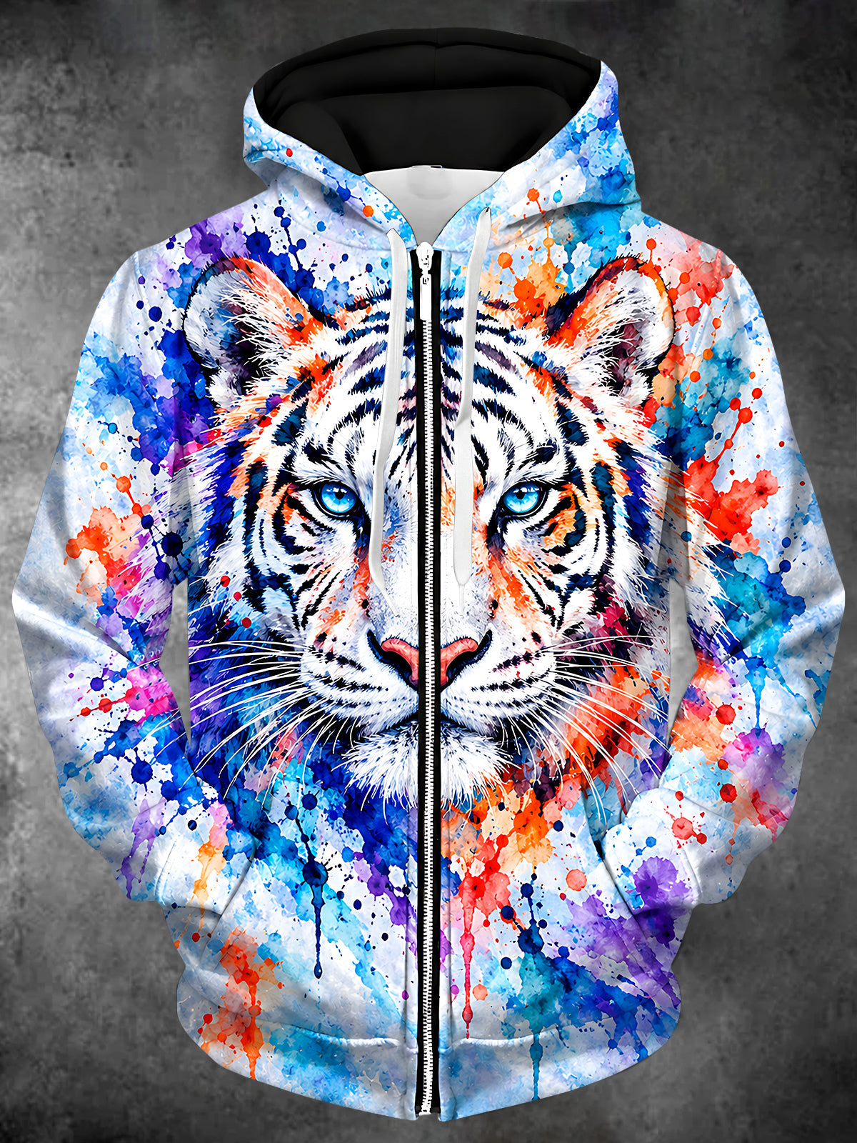 Oceanlyte Men's Long Sleeve Zip-Up Hoodie - Tiger Face With Watercolor Splatter Print with Kangaroo Pocket