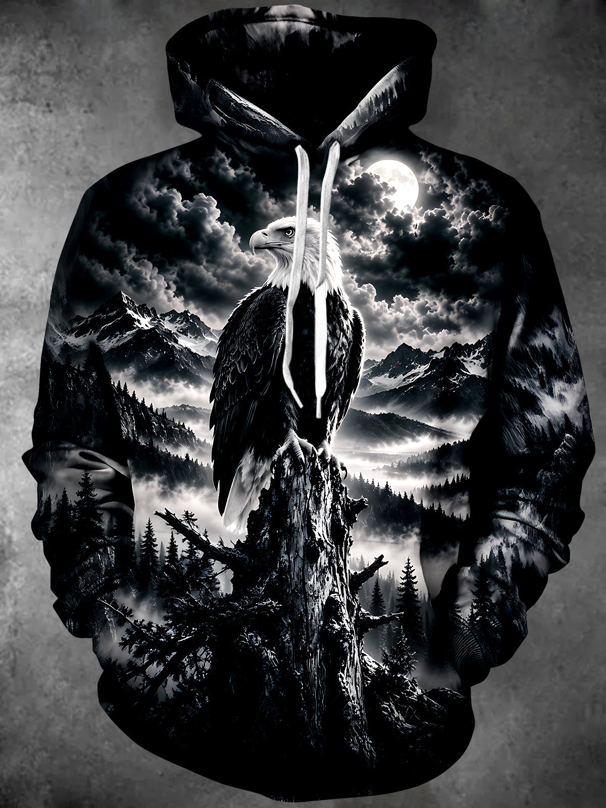 Oceanlyte Men's Long Sleeve Hoodie - Bald Eagle On Tree Stump With Mountain Landscape Print