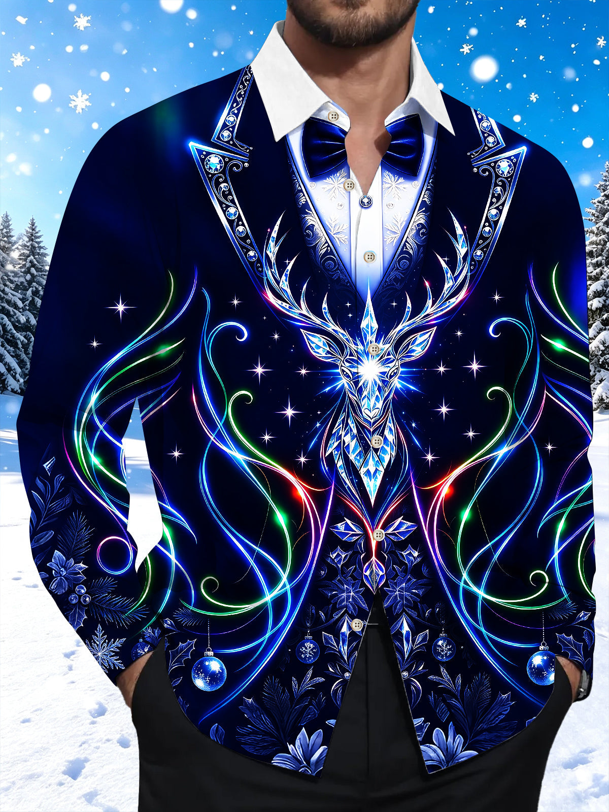 Oceanlyte Men's Long Sleeve Shirt - Neon Crystal Reindeer And Christmas Ornaments Print with Chest Pocket