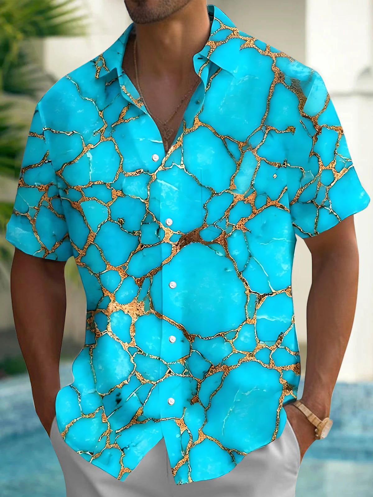 Oceanlyte Men's Abstract Turquoise And Gold Marble Pattern Short Sleeve Shirt with Chest Pocket