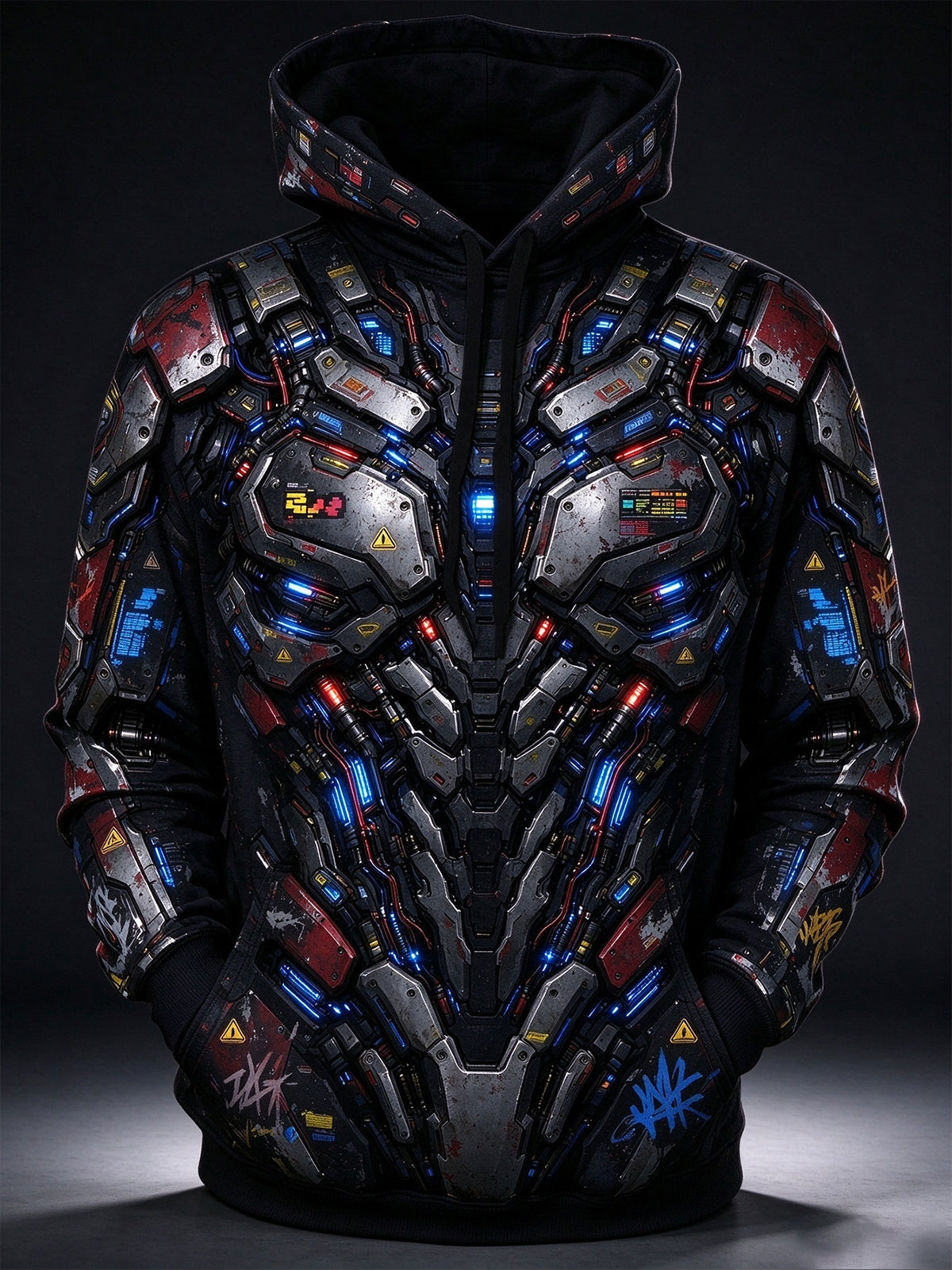 Oceanlyte Men's Long Sleeve Hoodie - Cyberpunk Mecha Armor With Glowing Blue And Red Lights Print