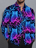 Oceanlyte Men's Graphic Neon Glow Owls On Branches Print Long Sleeve Shirt with Chest Pocket