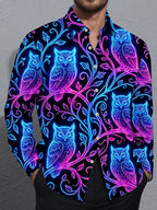 Oceanlyte Men's Graphic Neon Glow Owls On Branches Print Long Sleeve Shirt with Chest Pocket