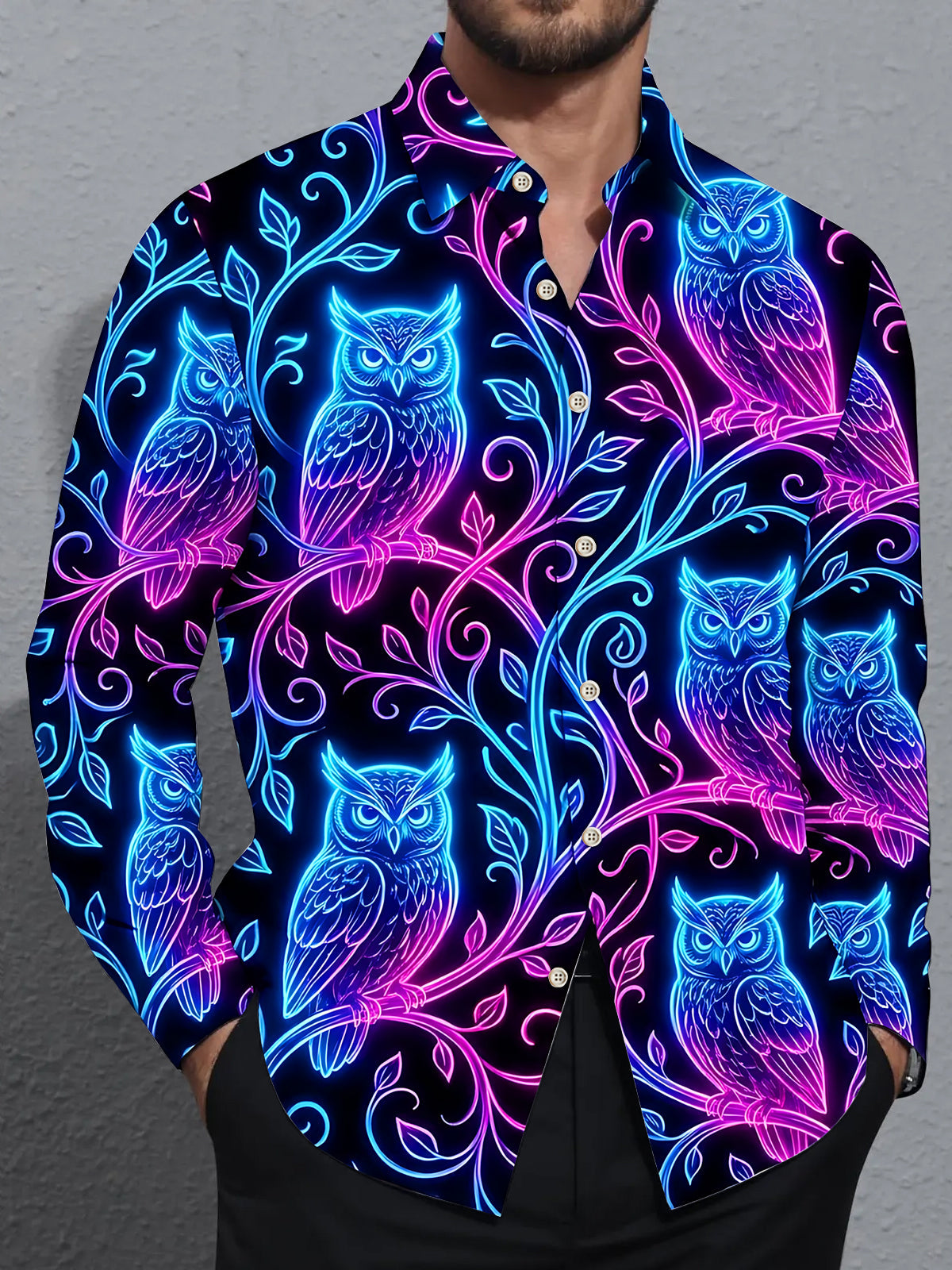 Oceanlyte Men's Graphic Neon Glow Owls On Branches Print Long Sleeve Shirt with Chest Pocket