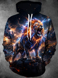 Oceanlyte Men's Long Sleeve Hoodie - Lion With Lightning And Cosmic Background Print
