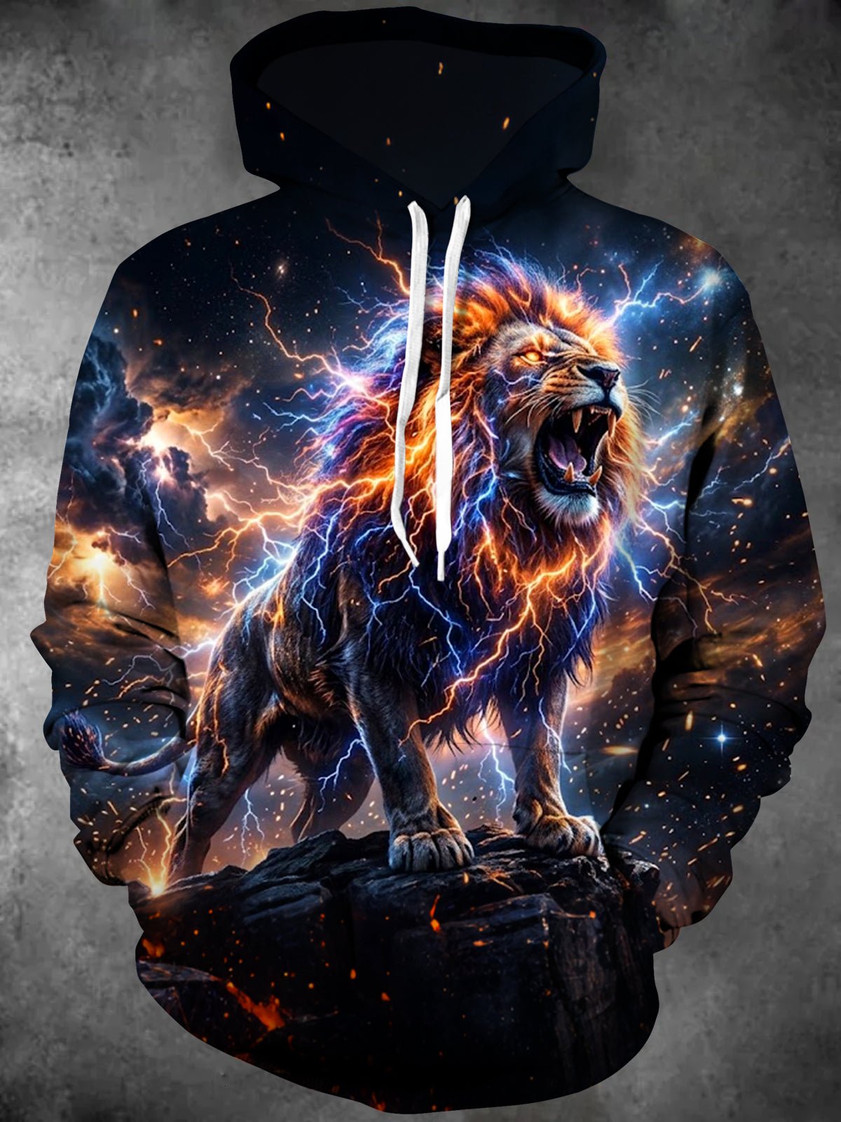 Oceanlyte Men's Long Sleeve Hoodie - Lion With Lightning And Cosmic Background Print
