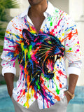 Oceanlyte Men's Graphic Colorful Paint Splatter Panther Print Long Sleeve Shirt with Chest Pocket