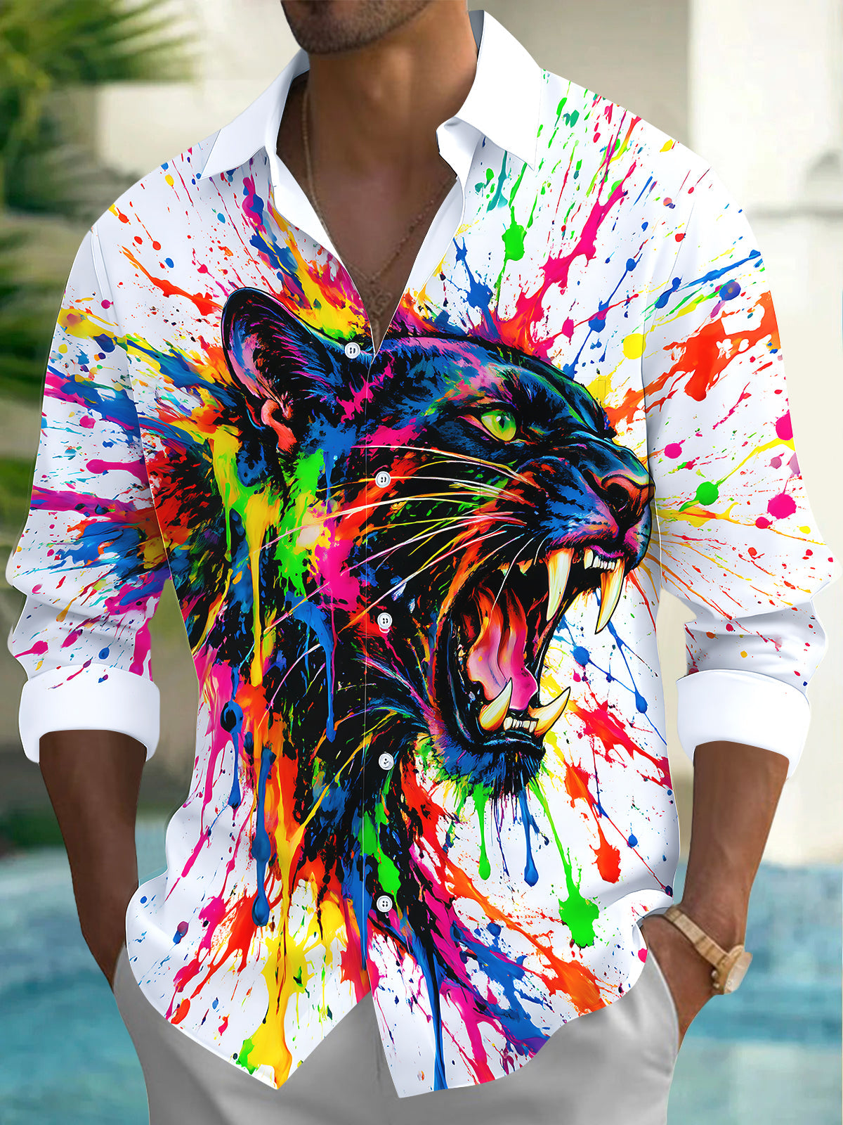 Oceanlyte Men's Graphic Colorful Paint Splatter Panther Print Long Sleeve Shirt with Chest Pocket