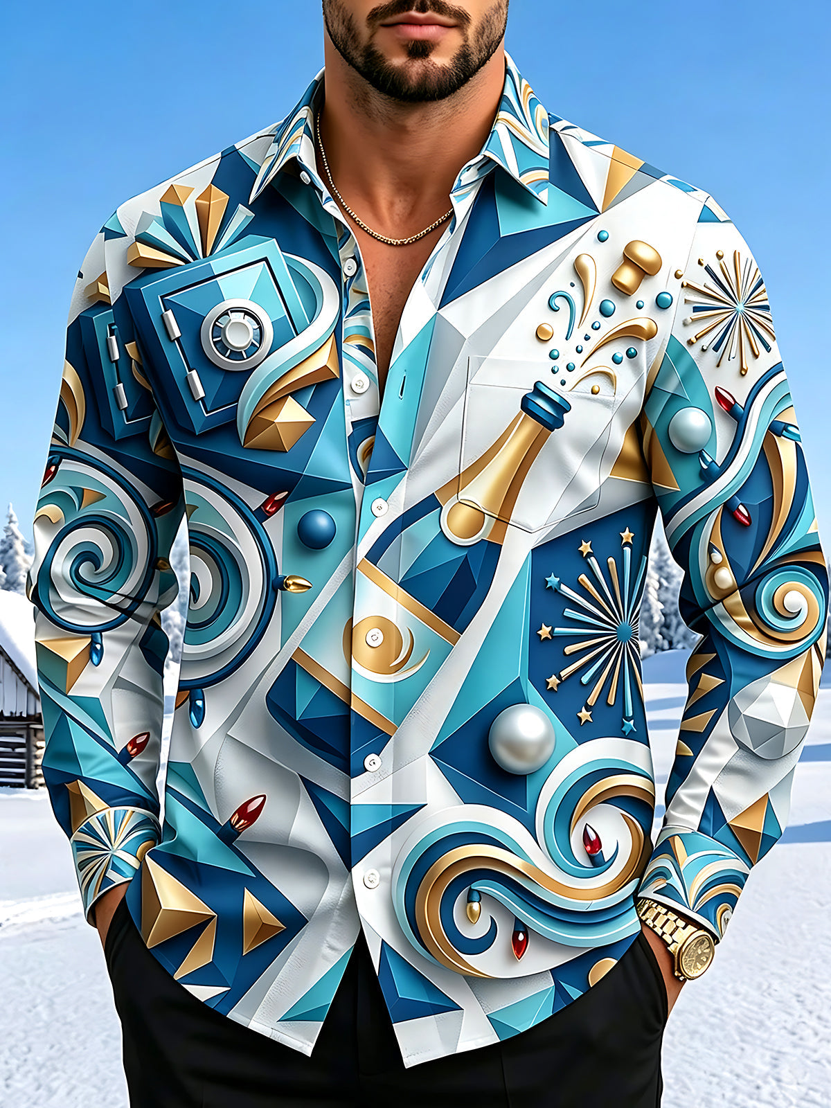 Oceanlyte Men's Graphic Champagne Bottle Print Long Sleeve Shirt with Chest Pocket
