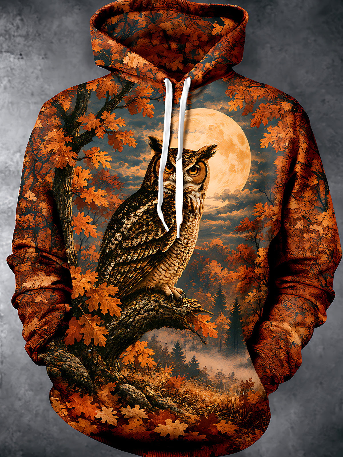 Oceanlyte Men's Long Sleeve Pullover Hoodie - Owl On Tree Branch With Autumn Leaves And Full Moon Print with Kangaroo Pocket