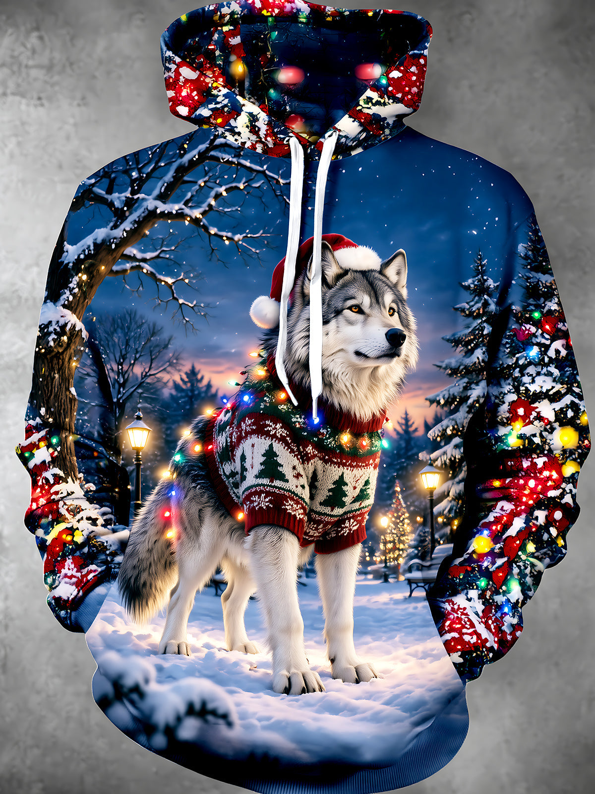 Oceanlyte Men's Christmas Wolf In Sweater And Santa Hat Print Long Sleeve Hoodie
