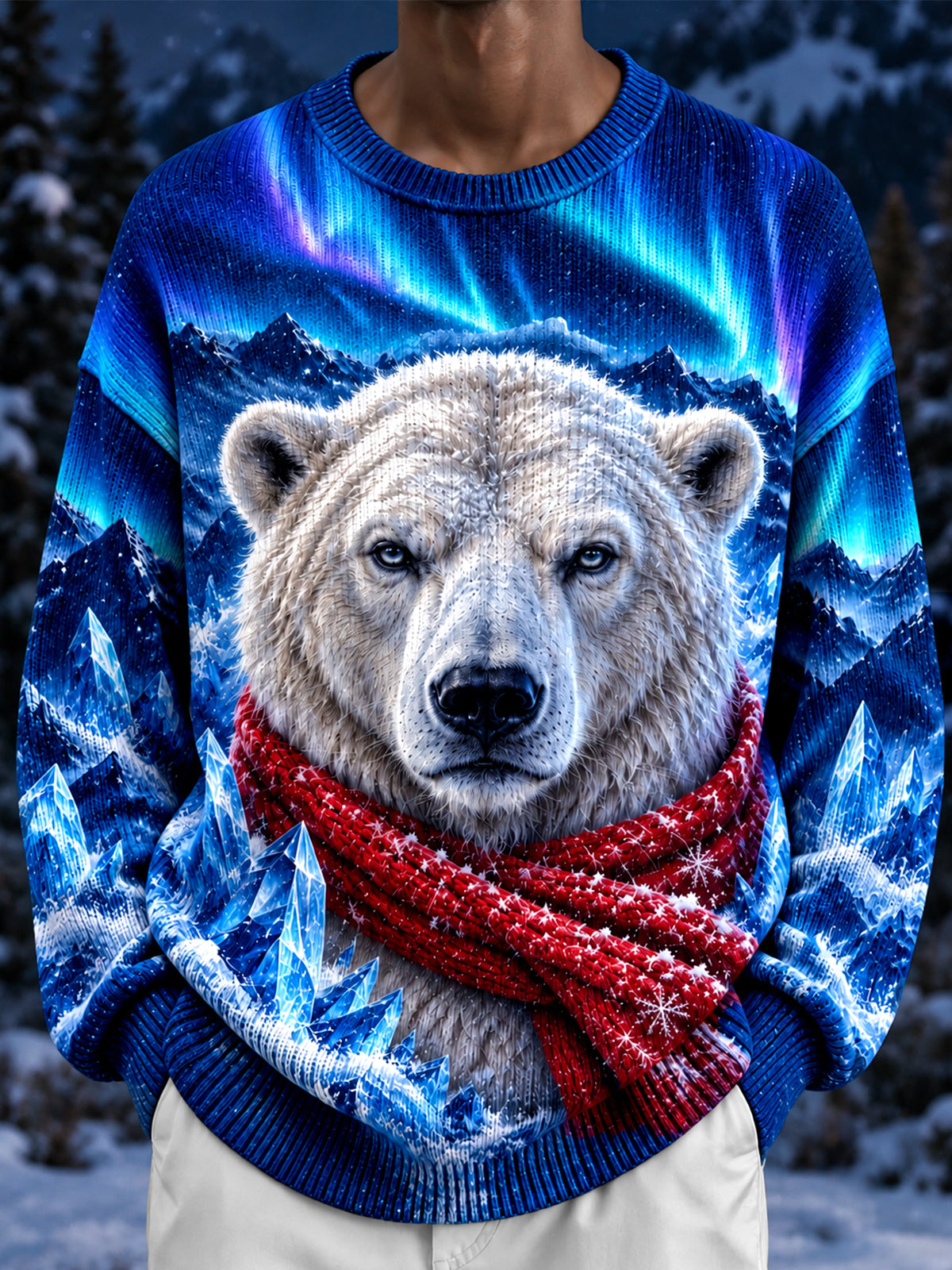Oceanlyte Men's Long Sleeve Crew Neck Sweater - Polar Bear With Red Scarf And Ice Crystals Print
