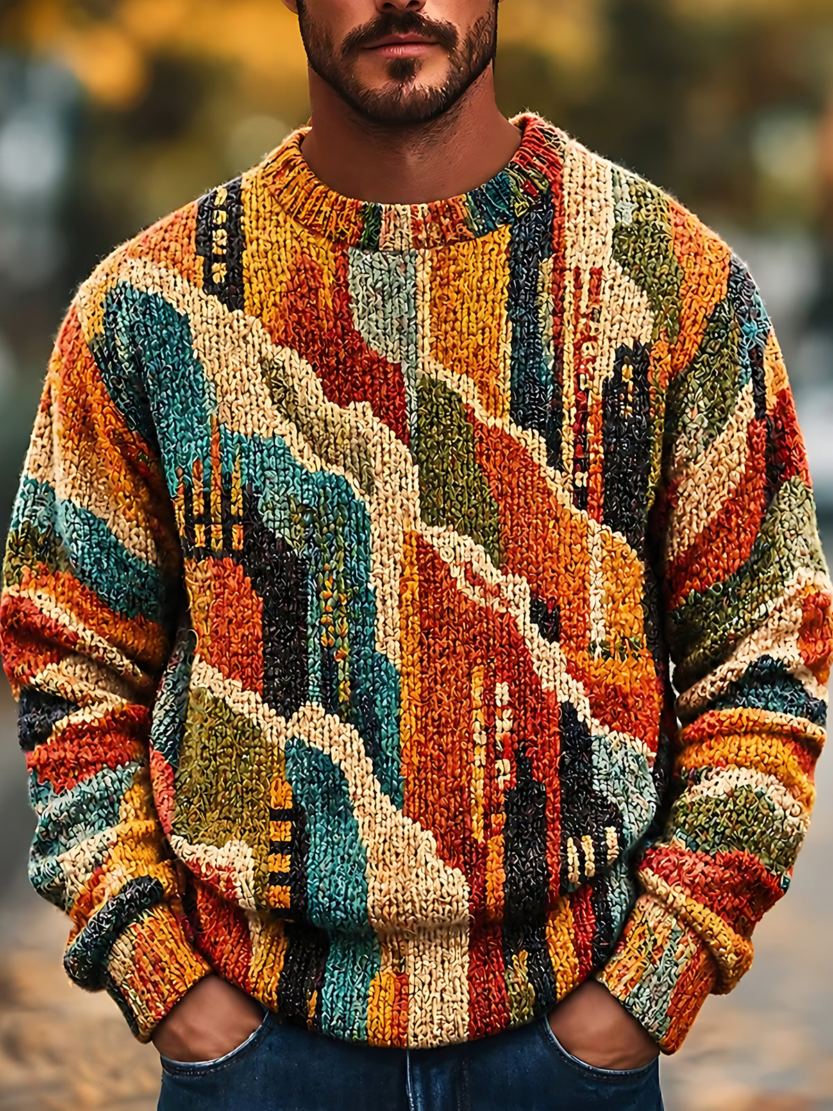 Oceanlyte Men's Abstract Geometric Color Blocks Print Long Sleeve Sweater