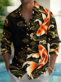 Oceanlyte Men's Hawaiian Koi Fish And Waves Print Long Sleeve Shirt with Chest Pocket