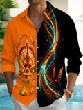 Oceanlyte Men's Long Sleeve Shirt - Thanksgiving Neon Turkey With Wheat And Pumpkins Print with Chest Pocket