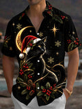 Oceanlyte Men's Short Sleeve Shirt - Black Cat Wearing Santa Hat With Holly And Pine Branches Print with Chest Pocket