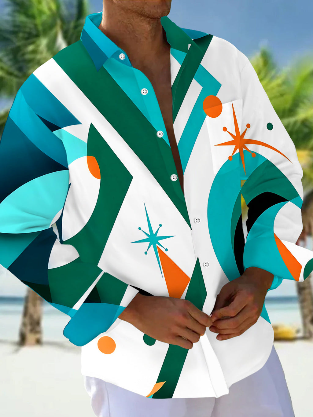 Oceanlyte Men's Geometric Abstract Shapes And Stars Print Long Sleeve Shirt with Chest Pocket