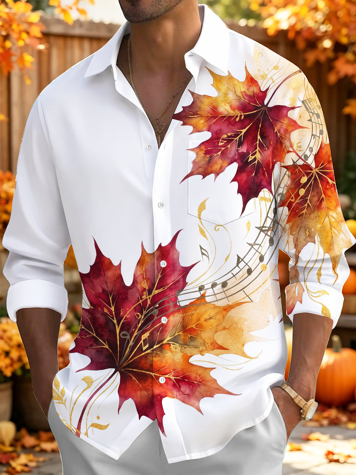 Oceanlyte Men's Autumn Maple Leaves And Music Score Print Long Sleeve Shirt with Chest Pocket