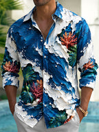 Oceanlyte Men's Hawaiian Coral Reefs And Tropical Leaves Print Long Sleeve Shirt with Chest Pocket
