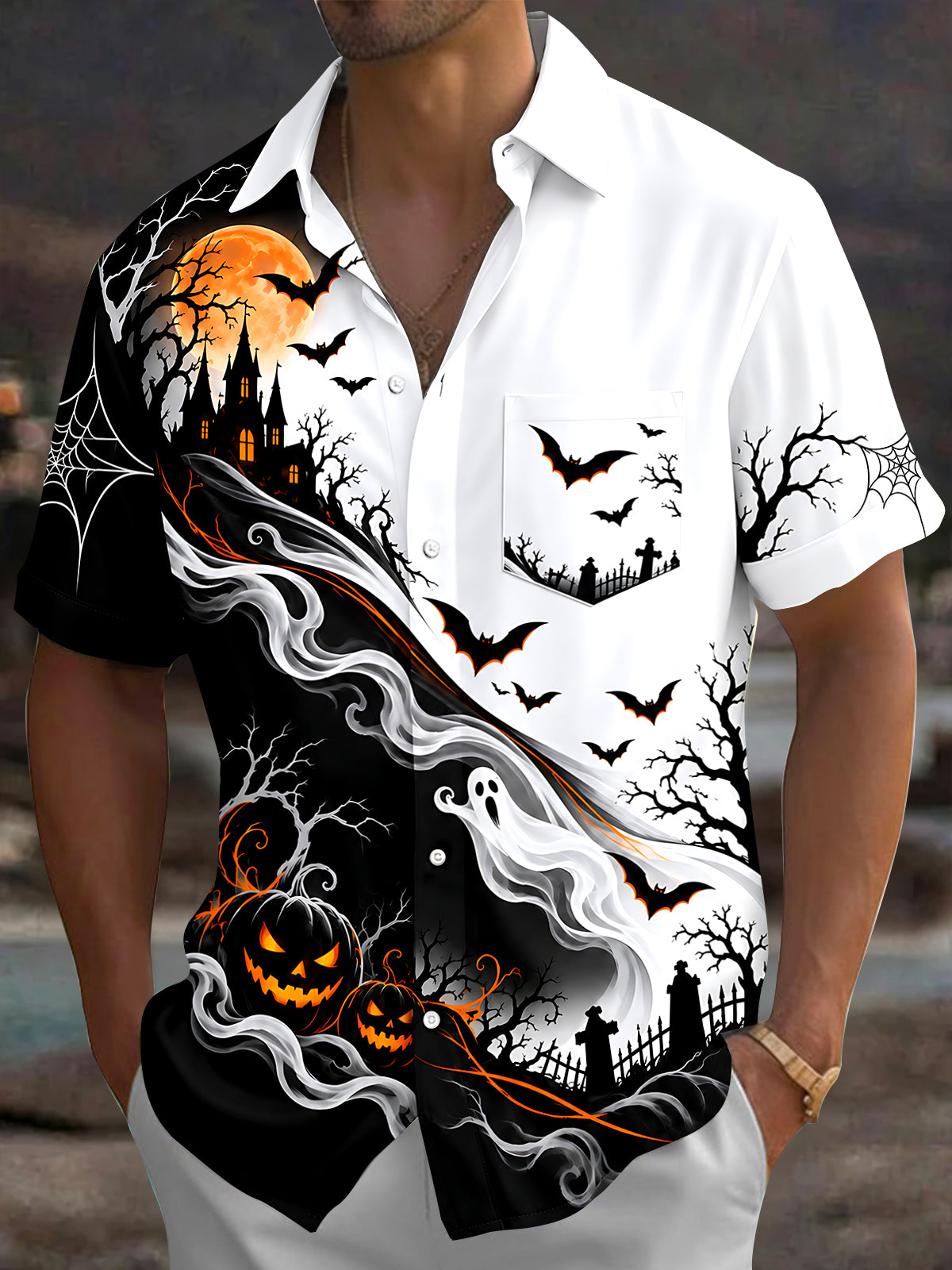 Oceanlyte Men's Graphic Halloween Ghosts And Pumpkins Print Short Sleeve Shirt with Chest Pocket
