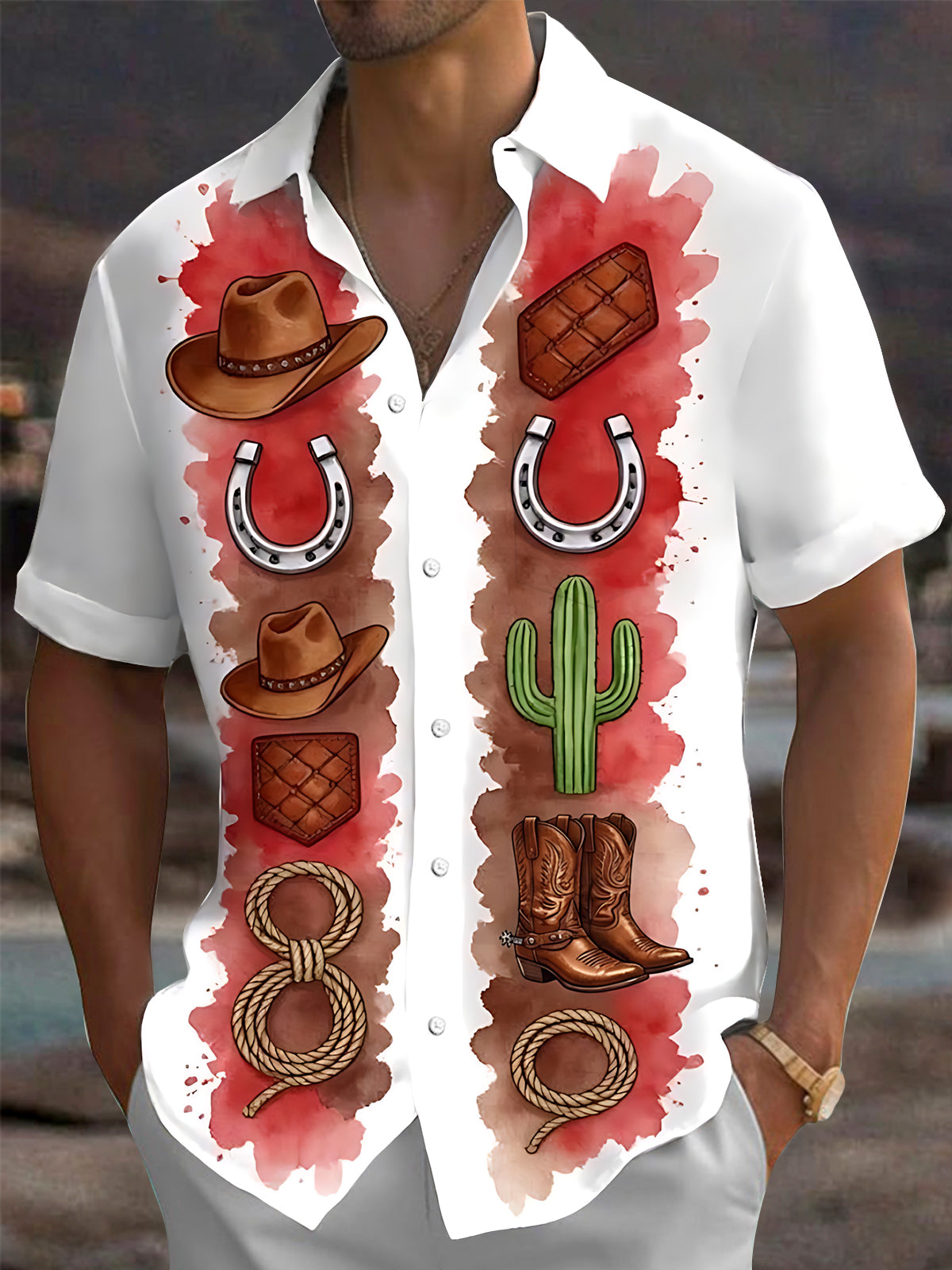 Oceanlyte Men's Printed Western Cowboy Motifs Print Short Sleeve Shirt with Chest Pocket